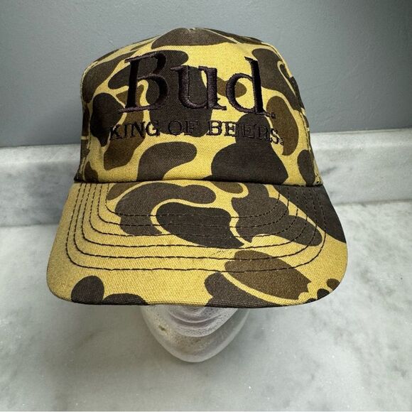 Vintage Bud King Of Beers Hat Cap Mens Snapback Brown Camouflage Made in USA 80s - Picture 1 of 12
